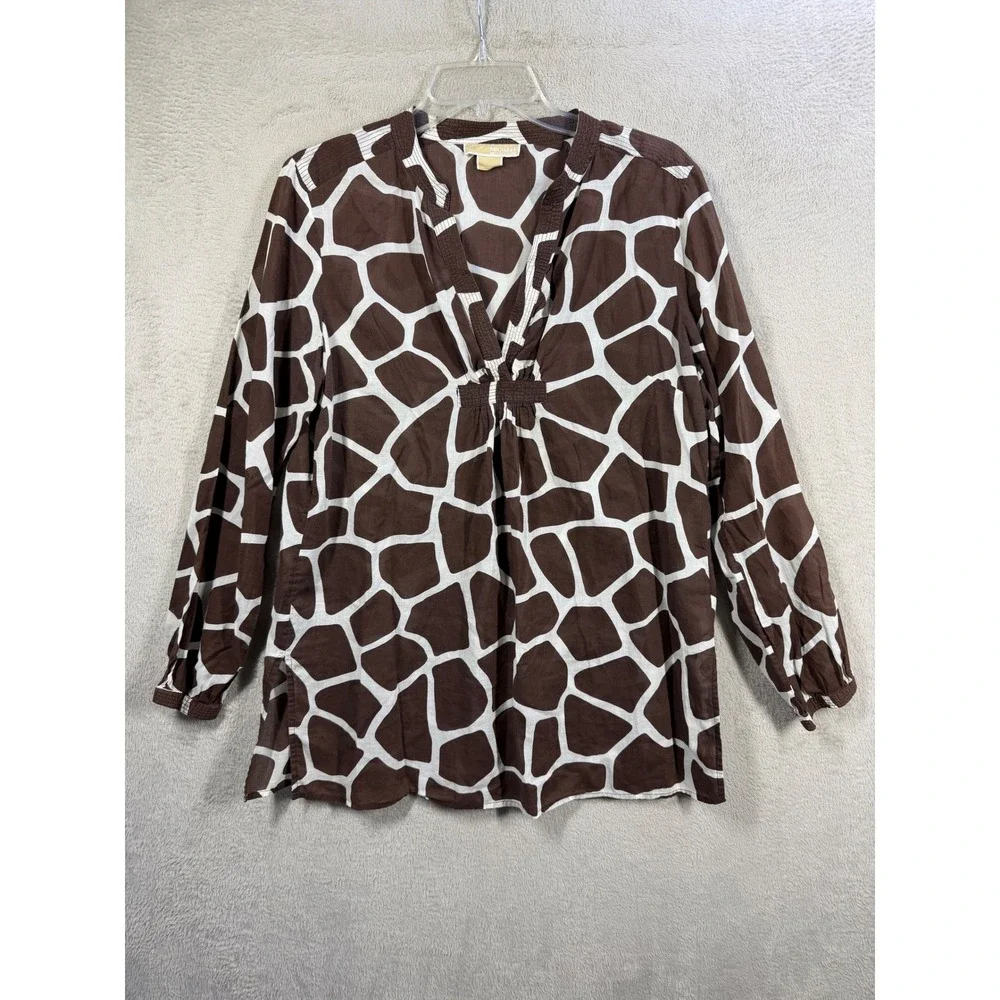 Michael Kors Tunic Blouse Womens L Brown Giraffe Print Cotton V-Neck Top